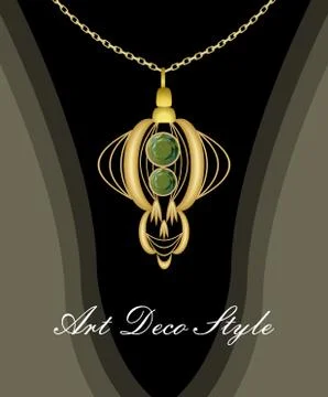 Luxurious art deco pendant with green gems emerald on gold chain, fashion in Stock Illustration