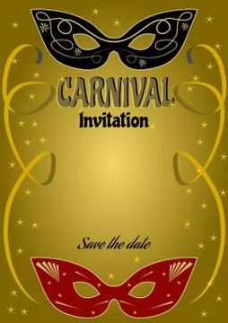 Luxurious ball invitation with vintage black and red mask on gold gradient Stock Illustration