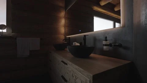 Luxurious bathroom design combining rustic wood walls and modern black matte Vídeos de archivo 335756861