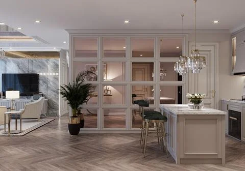 Luxurious  Decoration Smart Open Kitchen with Chandelier and LED Lighting, .. Stock-Illustration