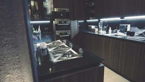 Luxurious designer kitchen reveal in super slow motion Stock Footage 104556897