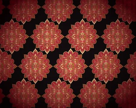 Luxurious Floral Pattern with Red and Gold Flowers on Black Background Stock Illustration