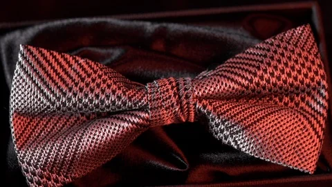 Luxurious geometric pattern silk bow tie on black- ruby light 4k Stock Footage 98406095