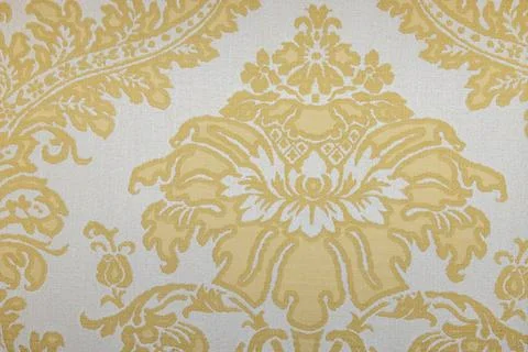 Luxurious gold damask wallpaper pattern on white, ornate baroque floral fabric Stock Photos