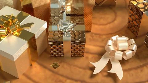 Luxurious Golden Gift Boxes with Elegant Ribbons 3d render. Stock Illustration