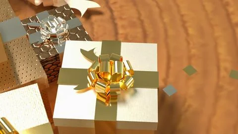Luxurious Golden Gift Boxes with Elegant Ribbons 3d render. Stock Illustration