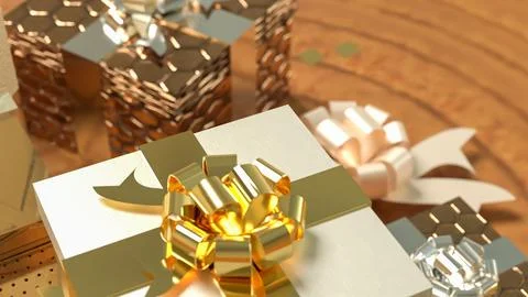 Luxurious Golden Gift Boxes with Elegant Ribbons 3d render. Stock Illustration