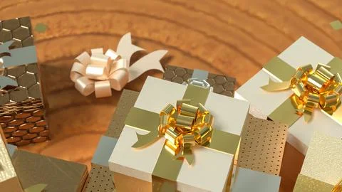 Luxurious Golden Gift Boxes with Elegant Ribbons 3d render. Stock Illustration