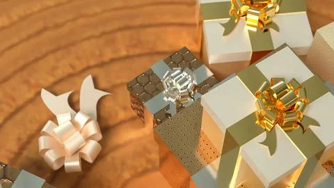 Luxurious Golden Gift Boxes with Elegant Ribbons 3d render. Stock Illustration