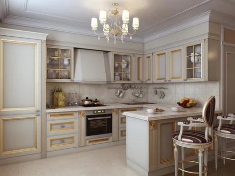 A Luxurious Kitchen in a Classic Style with Classic Gilded Furniture Stock Illustration