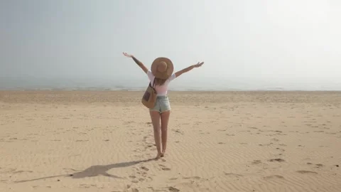 Luxurious lady walking beach in front blue calm ocean wearing straw wide br.. Stock Footage 269380741