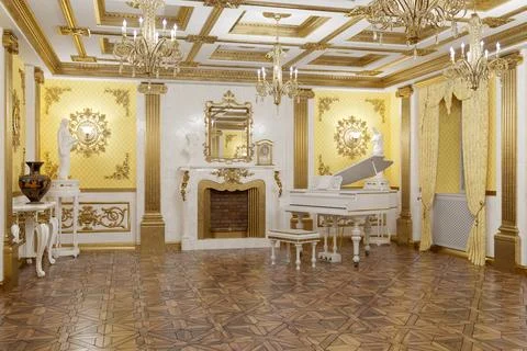 Luxurious Ornate Classical Interior With White Grand Piano, Gold Decor and Stock Illustration