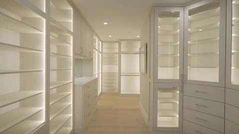 Luxurious passage surrounded with array of built-in cabinets and shelves Stock-Footage 273832098