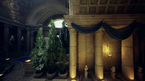 Luxurious passageway featuring intricate carvings and lighting effects Stock Footage 342425382