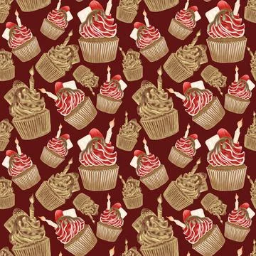 Luxurious pattern, chocolate with red cream cupcakes and a linear gold hatche Stock Illustration