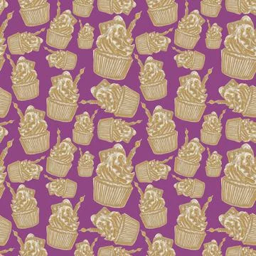 A luxurious pattern of confectionery on a purple background, golden cupcakes  Stock Illustration