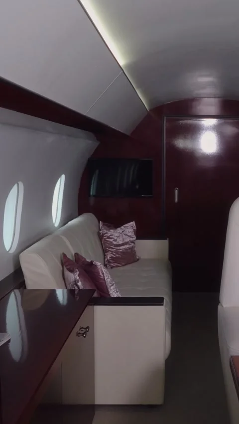 Luxurious private jet interior featuring elegant white leather sofa with 库存影片 329201825