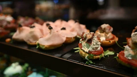 Luxurious selection of tapas. traditional small portion snacks in Spain. in San Stock Footage 120829902
