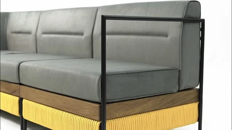 Luxurious sofa with wood inserts and yellow ropes. Stock Footage 219582766