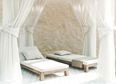 Luxurious spa like relaxation corner with comfortable loungers draped with sheer Illustrazione stock