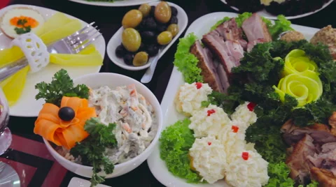 Luxurious table full of food. Served tables in restaurant. Stockbeeldmateriaal 63789654