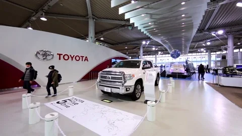 Luxurious Toyota Tundra, pickup truck, in Theme park Toyota Mega Web. Tokyo Stock Footage