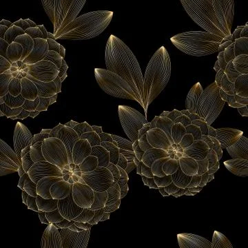Luxurious vintage seamless pattern with golden flowers dahlia and leaves. Stock Illustration