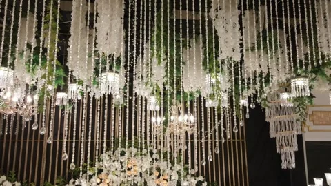 Luxurious wedding stage decor , interior, before receiption, ariel wide shot Stock Footage 259795664
