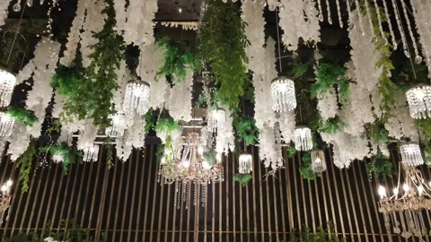 Luxurious wedding stage decor , interior, before receiption, ariel wide shot Stock Footage 259796013