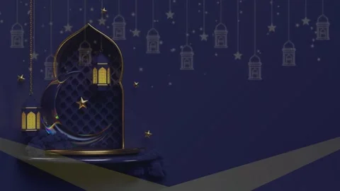 Luxury 3D Crescent Moon and Lantern in Blue Islamic Arch Stock Footage 336013593