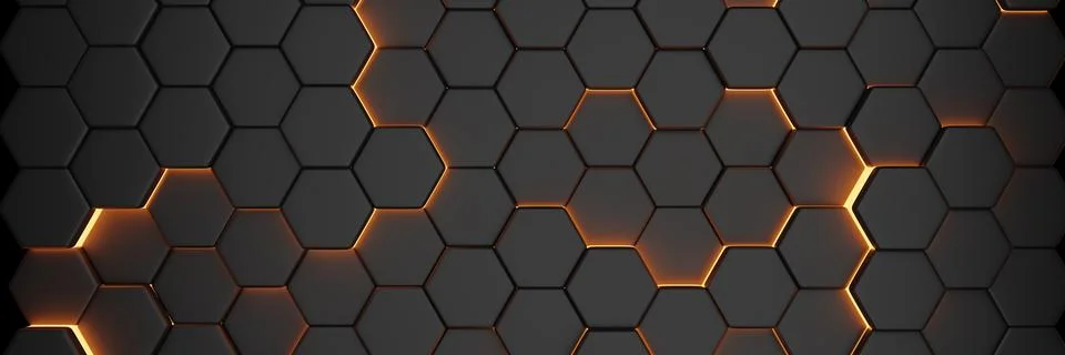 Luxury abstract hexagonal black background with gold glow. Illustrazione stock
