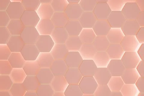 Luxury abstract hexagonal peach background with golden glow. Illustrazione stock