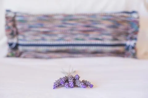 Luxury accommodation background, with copy space showing Lavender on pillow at a Stock Photos