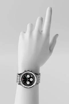 Luxury And Precision Concept. Silver Chronograph Watch On White Mannequin H.. Stock Illustration