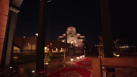 Luxury Arabian Night Setup with Museum of Islamic Art in Background, Doha Qatar Stock Footage 337036400