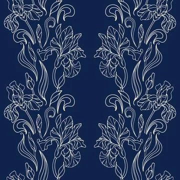 Luxury background, iris buds with leaves. Vector vintage illustration in hand Stock Illustration