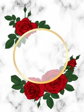 Luxury background. Marbling texture, gold circle line frame, red roses, bud.. Stock Illustration