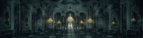 Luxury Baroque Cafe Interior with Chandeliers and Ornate Ceiling Stock Footage 346559918