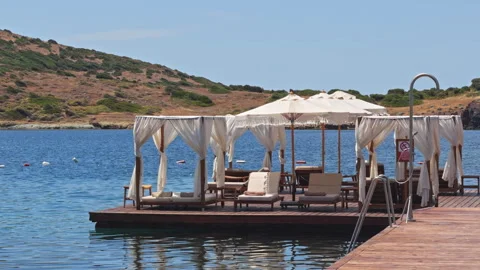 Luxury Beach Club Floating Platform with Cabanas and Sun Loungers Sea View 4K Vidéo 336702959