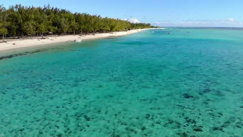 Luxury beach in Mauritius. Beach with palms and blue ocean, aerial view Stock Footage 144932140