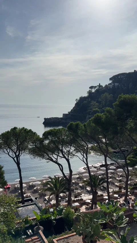 Luxury beach resort view with pine trees and sea in Sicily camera pan HD Stock Footage 341942646