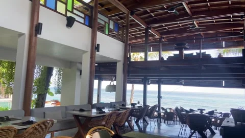 Luxury Beachfront Restaurant Interior with Tropical Ocean View Stock Footage 340435412