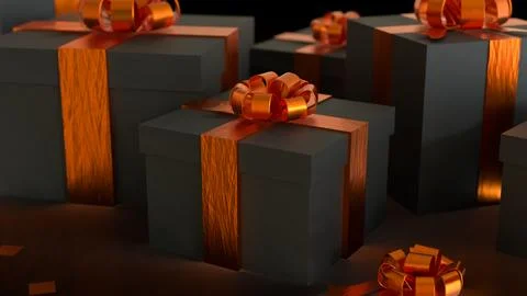 Luxury Black Gift Boxes with Orange Ribbon 3d rendering. Stock Illustration