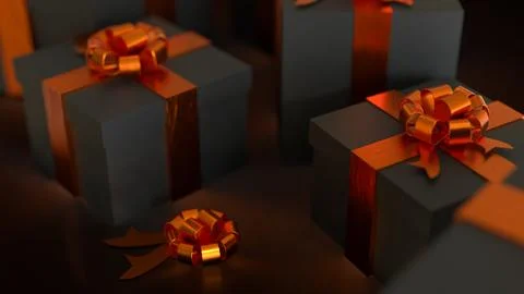 Luxury Black Gift Boxes with Orange Ribbon 3d rendering. Stock Illustration