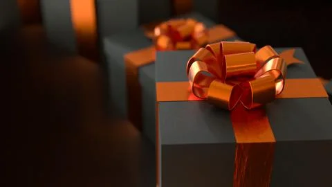 Luxury Black Gift Boxes with Orange Ribbon 3d rendering. Stock Illustration