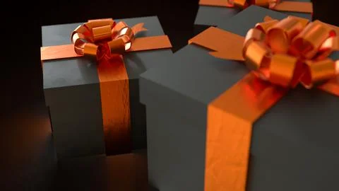 Luxury Black Gift Boxes with Orange Ribbon 3d rendering. Stock Illustration