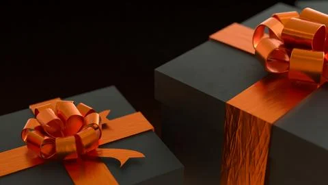 Luxury Black Gift Boxes with Orange Ribbon 3d rendering. Stock Illustration