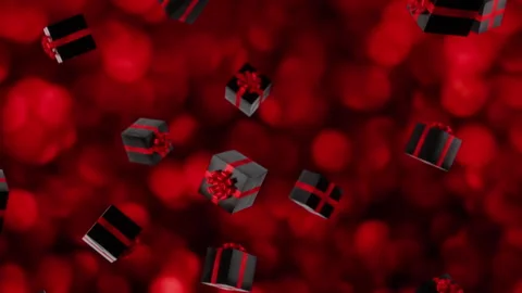 Luxury black gift boxes with red bows are falling in slow motion. Rich lights Stock Footage 335878911