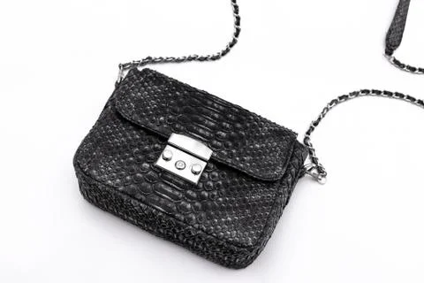 Luxury black snakeskin python leather handbag isolated on a white background. Stock Photos