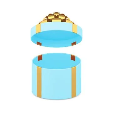 Luxury blue circle open gift box with golden bow ribbon festive present 3d .. Stock Illustration